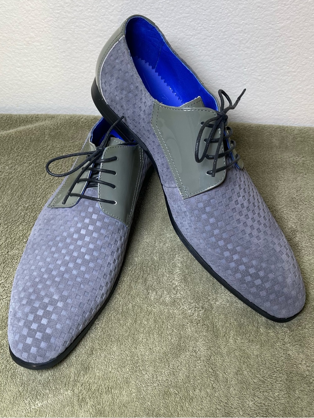 Maceoo Mens Grey Checker Suede & Patent Leather Oxfords Size 11